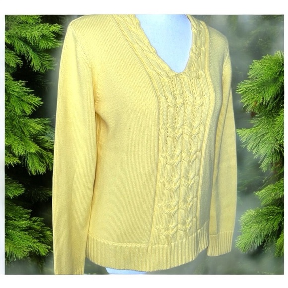 Orvis Butter Yellow Cable Knit Cotton Sweater Vintage Preppy Layering V-Neck SM - Picture 3 of 12